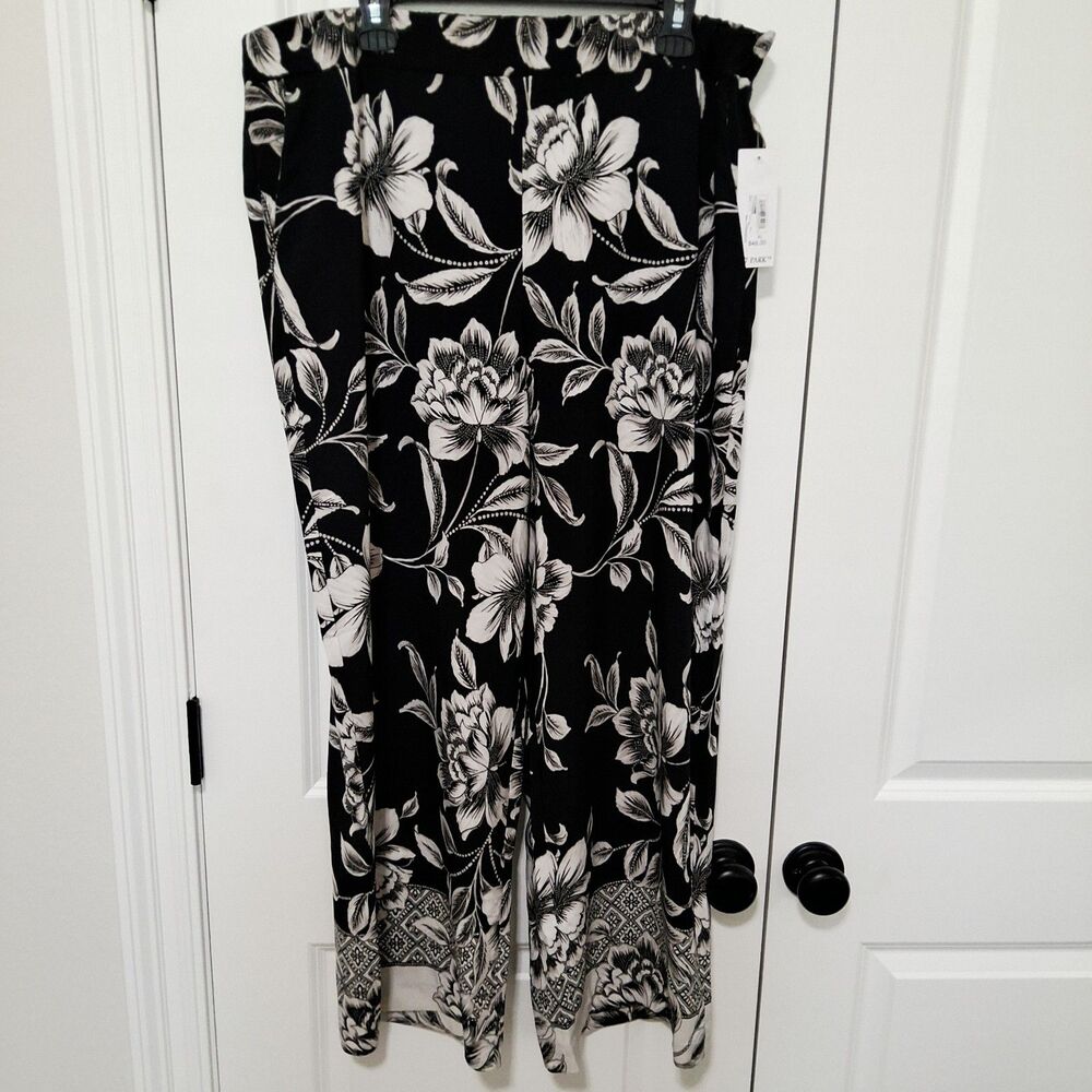 77 Park Women's Black & Beige Floral Wide-Leg Palazzo Dress Pants Size XL NWT